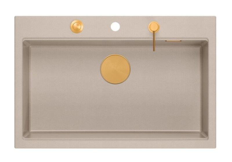 Quadri Hard Rock Beige granieten opbouw grote spoelbak 76x50cm inclusief koperen plug en accessoires 1208971750