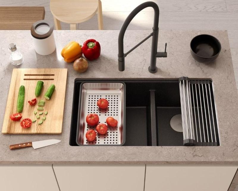 Quadri Newport II Dubbele Beige Graniet Opbouw Spoelbak 76x45 cm met Gouden plug 1208971753