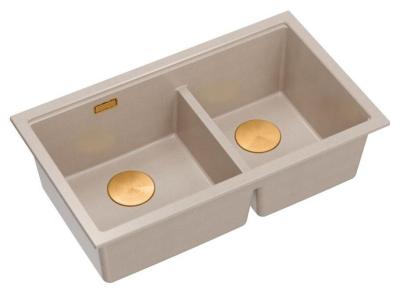 Quadri Newport II Dubbele Beige Graniet Onderbouw Spoelbak 702 x 390 mm met Koperen plug 1208971755