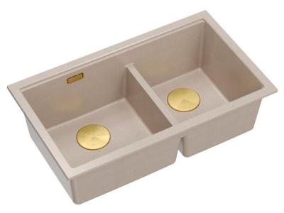 Quadri Newport II Dubbele Beige Graniet Onderbouw Spoelbak 702 x 390 mm met Gouden plug 1208971756