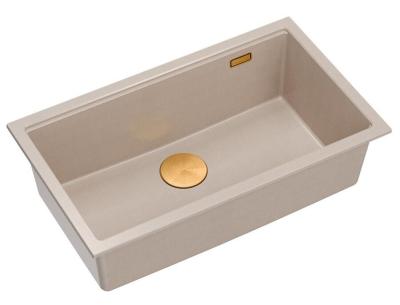 Quadri Newport II grote en diepe spoelbak graniet opbouw en onderbouw beige spoelbak 76x45cm met koperen plug 1208971758