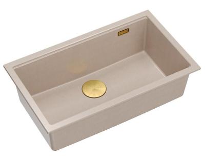 Quadri Newport II grote en diepe spoelbak graniet opbouw en onderbouw beige spoelbak 76x45cm met gouden plug 1208971759