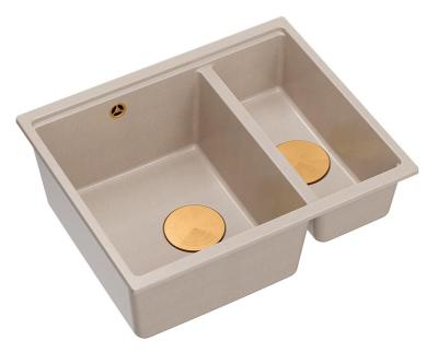 Quadri Newport II beige 1,5 spoelbak graniet opbouw en onderbouw spoelbak 555x460mm met koperen plug 1208971767