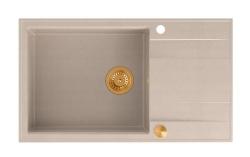 Quadri Luton beige granieten grote opbouw spoelbak met afdruipvlak omkeerbaar 86x50cm met koperen plug 1208971773