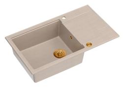 Quadri Luton beige granieten grote opbouw spoelbak met afdruipvlak omkeerbaar 86x50cm met koperen plug 1208971773