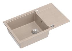 Quadri Luton beige granieten grote opbouw spoelbak met afdruipvlak omkeerbaar 86x50cm met rvs plug 1208971775