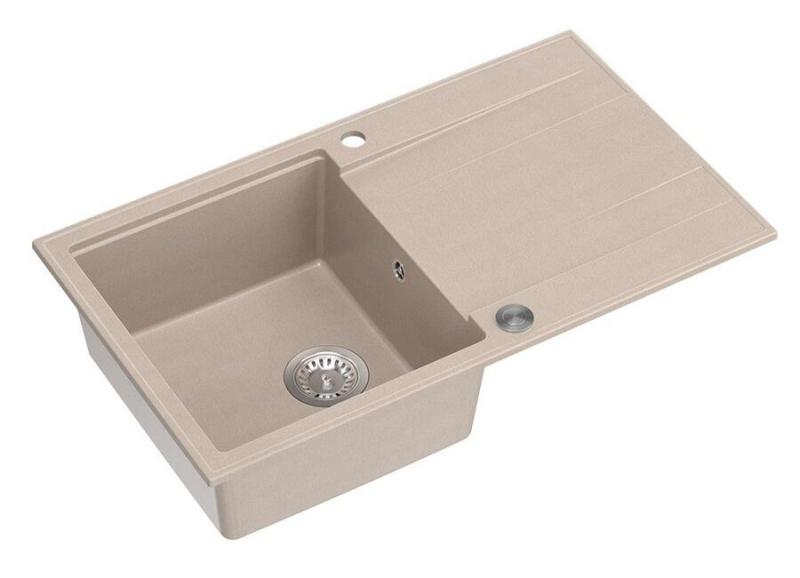 Quadri Luton pearl beige granieten opbouw spoelbak met afdruipvlak omkeerbaar 86x50cm met rvs plug 1208971779
