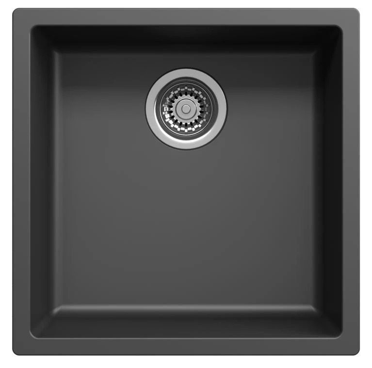 Ausmann Fibre zwarte spoelbak 40x40cm onderbouw, opbouw en vlakinbouw met automatische RVS plug 1208971836