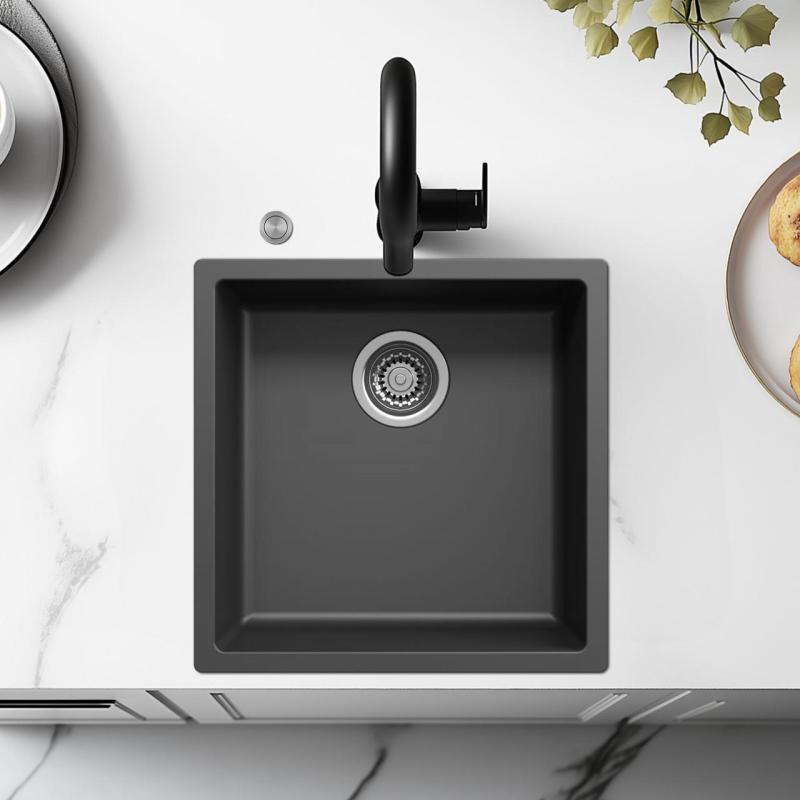 Ausmann Fibre zwarte spoelbak 40x40cm onderbouw, opbouw en vlakinbouw met automatische RVS plug 1208971836