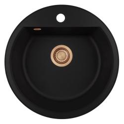GraniteMy Bremen ronde granieten spoelbak 43 cm zwart opbouw en onderbouw met kraangatbank en koper plug 1208971837