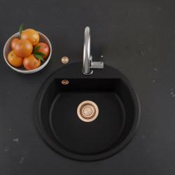 GraniteMy Bremen ronde granieten spoelbak 43 cm zwart, opbouw en onderbouw, met kraangatbank en automatische koper plug 1208971838