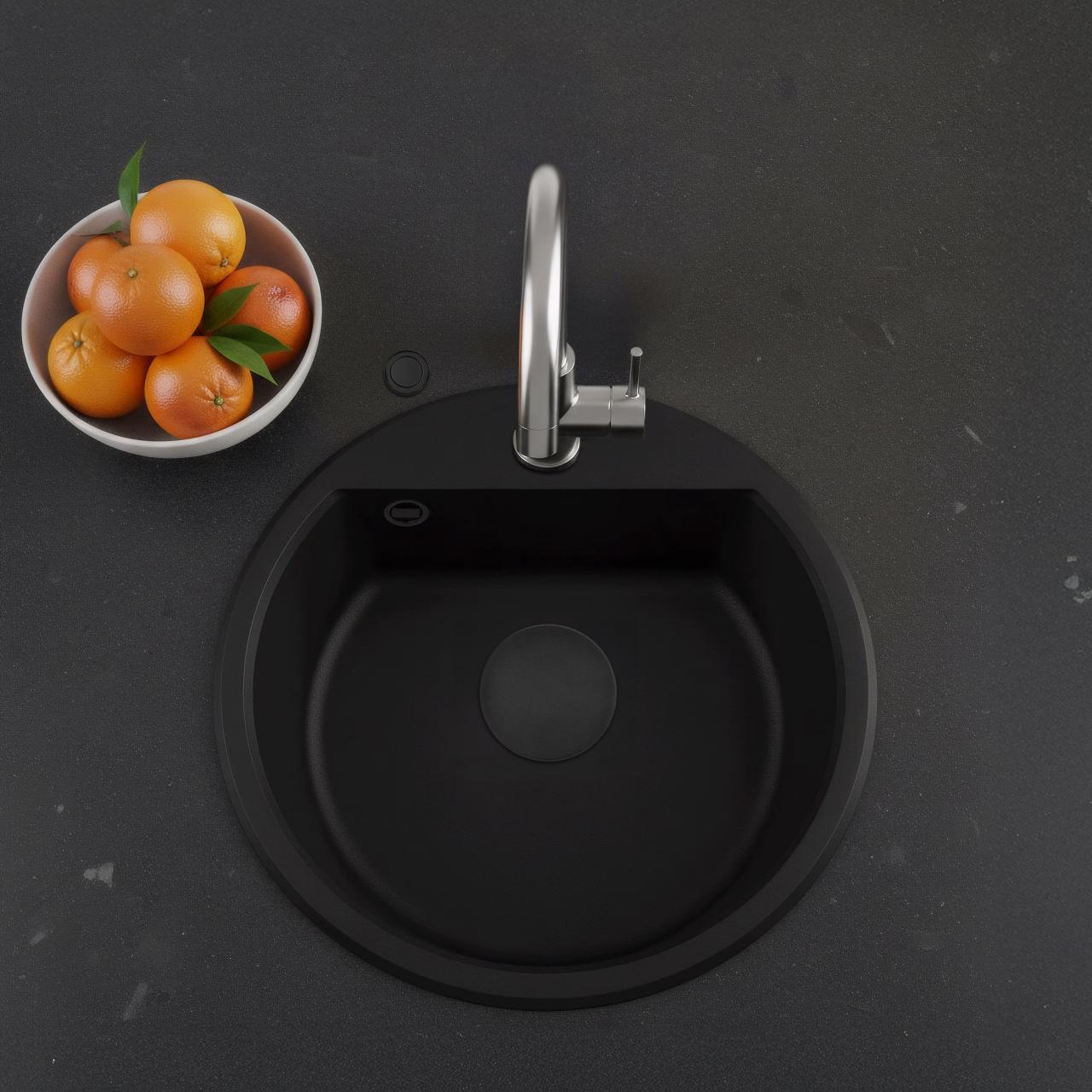 GraniteMy Bremen ronde granieten spoelbak 43 cm zwart, opbouw en onderbouw, met kraangatbank en automatische zwarte plug 1208971839