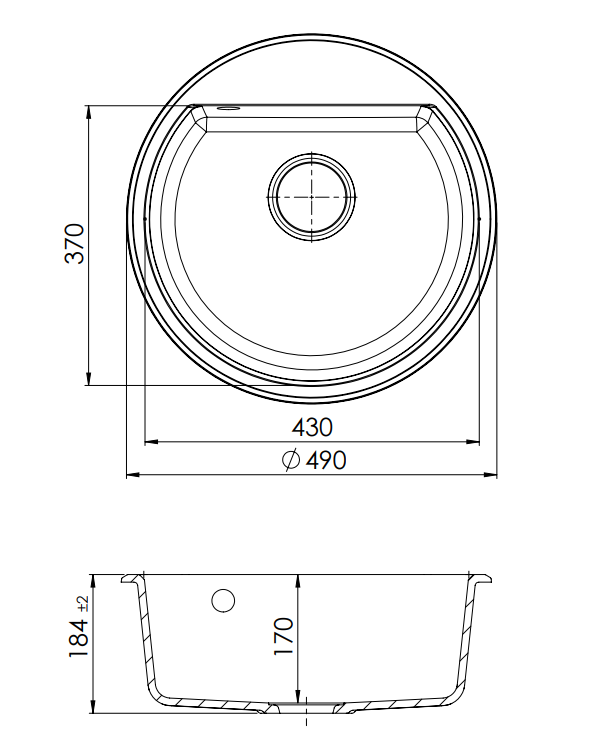 GraniteMy Bremen ronde granieten spoelbak 43 cm zwart, opbouw en onderbouw, met kraangatbank en automatische rvs plug 1208971840
