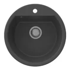 GraniteMy Bremen ronde granieten spoelbak 43 cm zwart, opbouw en onderbouw, met kraangatbank en automatische rvs plug 1208971840