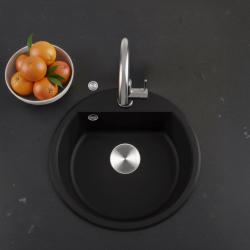 GraniteMy Bremen ronde granieten spoelbak 43 cm zwart, opbouw en onderbouw, met kraangatbank en automatische rvs plug 1208971840