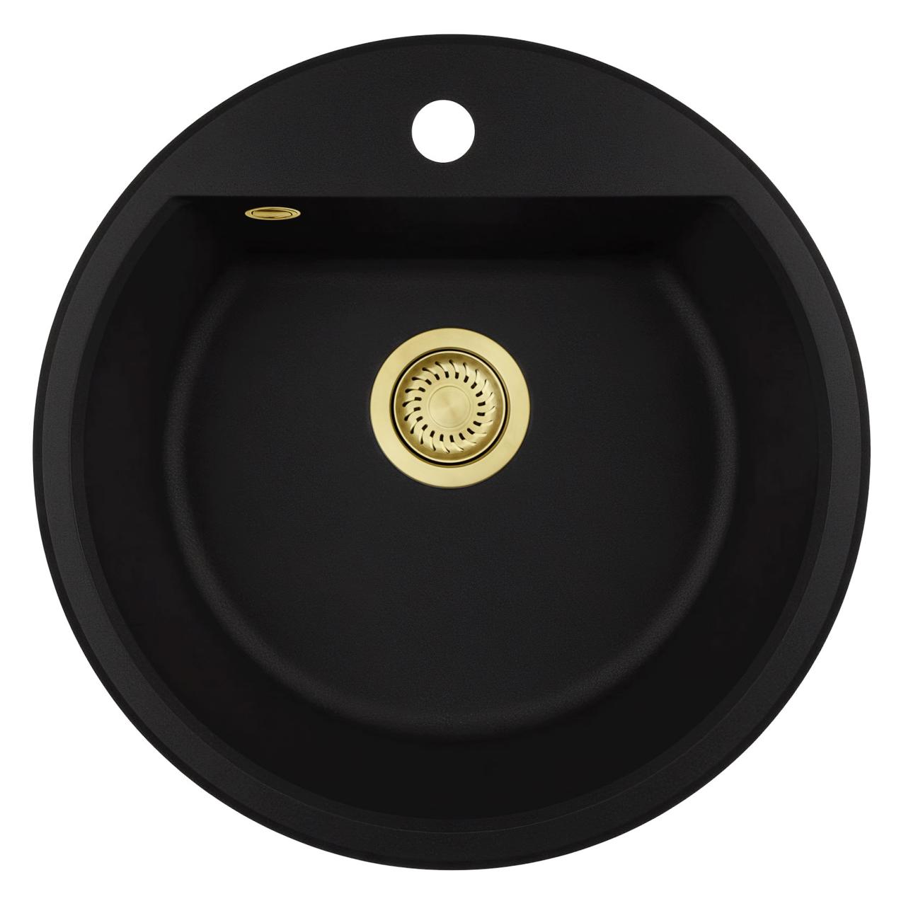 GraniteMy Bremen ronde granieten spoelbak 43 cm zwart, opbouw en onderbouw, met kraangatbank en gouden plug 1208971841