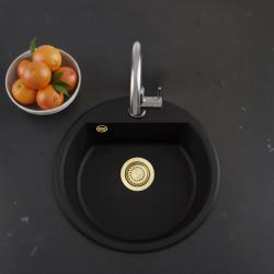 GraniteMy Bremen ronde granieten spoelbak 43 cm zwart, opbouw en onderbouw, met kraangatbank en gouden plug 1208971841