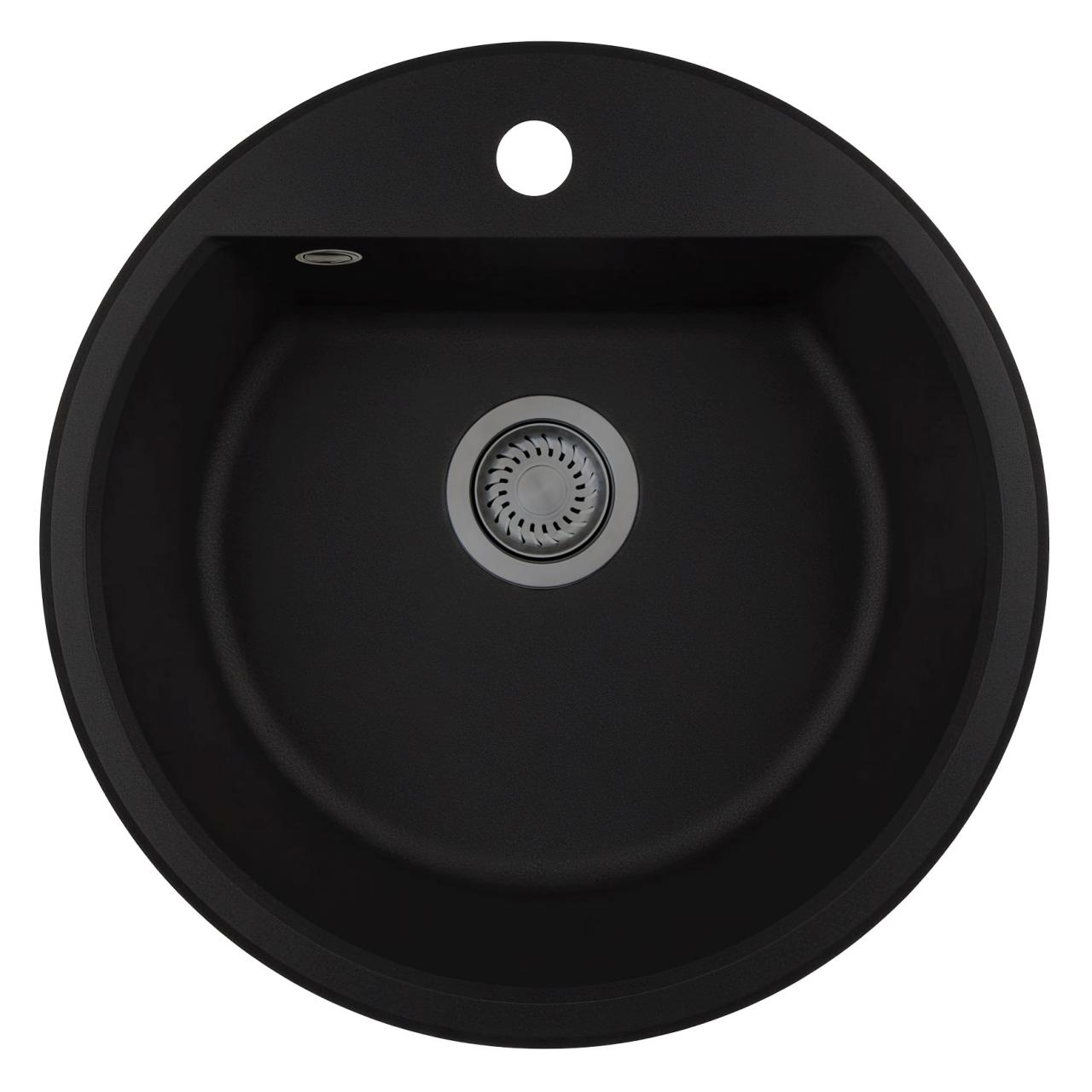 GraniteMy Bremen ronde granieten spoelbak 43 cm zwart, opbouw en onderbouw, met kraangatbank en gun metal plug 1208971842