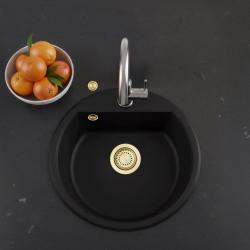GraniteMy Bremen ronde granieten spoelbak 43 cm zwart, opbouw en onderbouw, met kraangatbank en automatische gouden plug 1208971843
