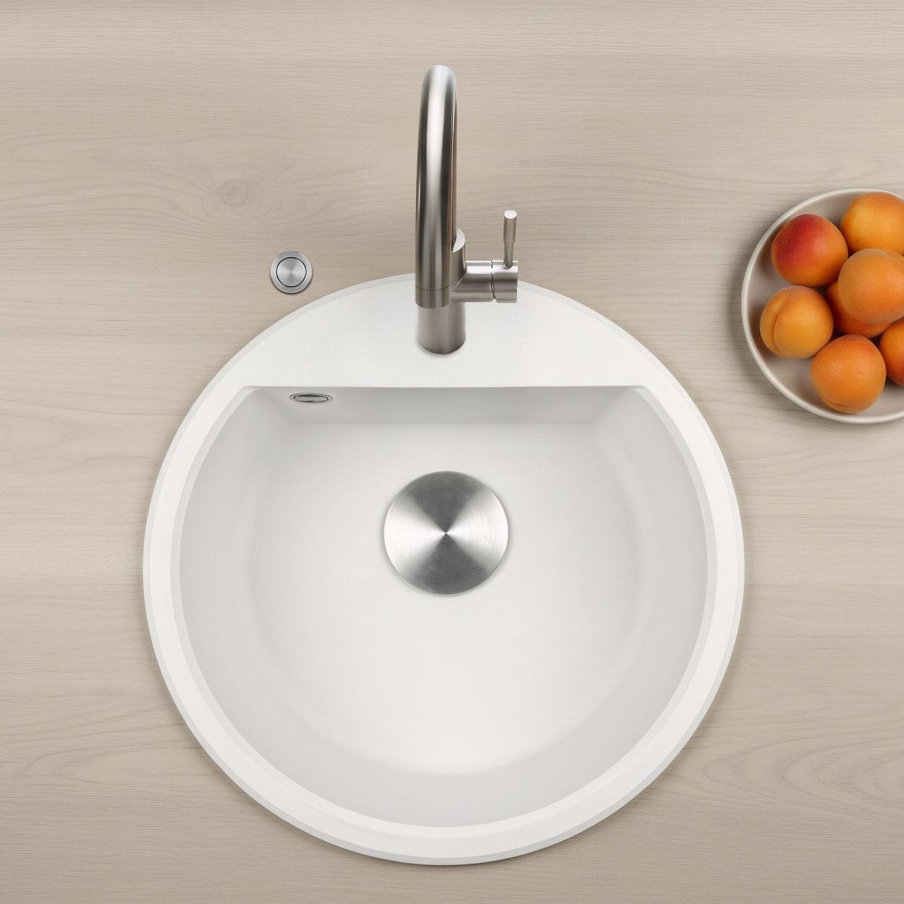 GraniteMy Bremen ronde granieten spoelbak 43 cm wit, opbouw en onderbouw, met kraangatbank en automatische rvs plug 1208971845