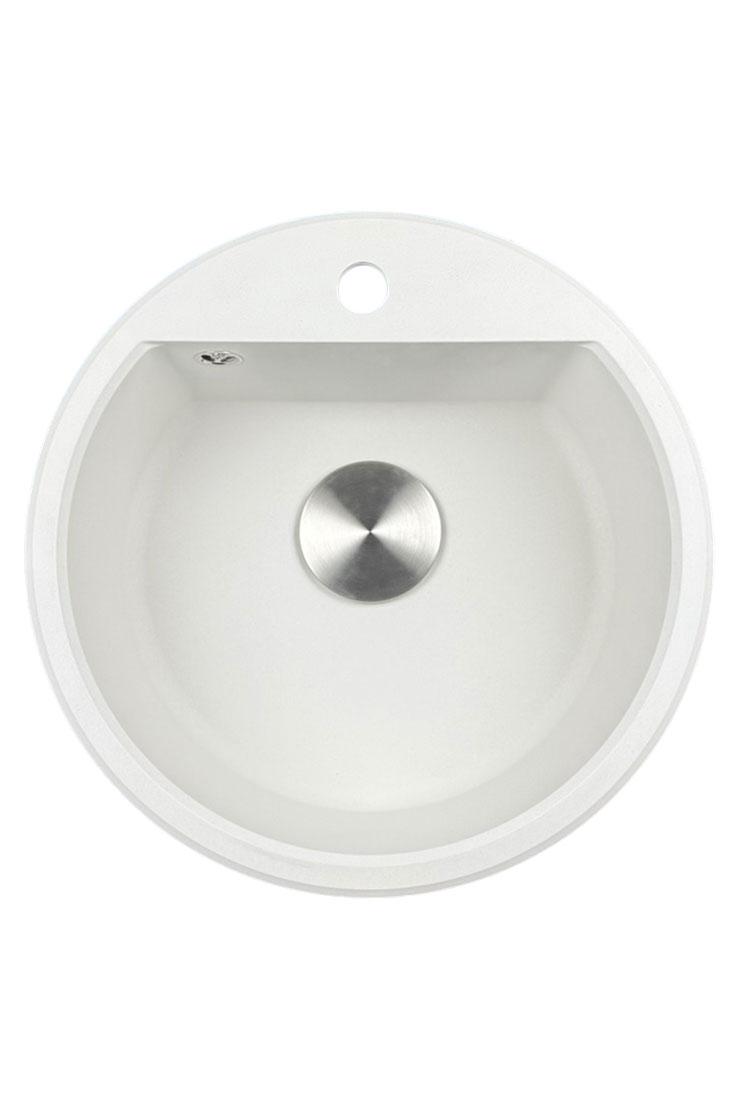 GraniteMy Bremen ronde granieten spoelbak 43 cm wit, opbouw en onderbouw, met kraangatbank en automatische rvs plug 1208971845