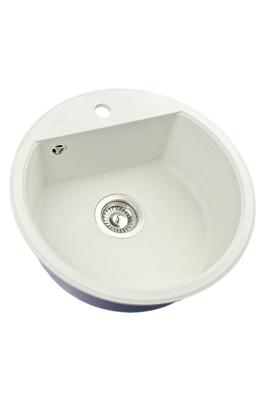 GraniteMy Bremen ronde granieten spoelbak 43 cm wit, opbouw en onderbouw, met kraangatbank en automatische rvs plug 1208971845