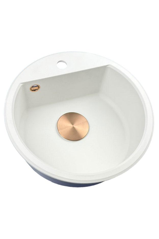 GraniteMy Bremen ronde granieten spoelbak 43 cm wit, opbouw en onderbouw, met kraangatbank en automatische koperen plug 1208971847