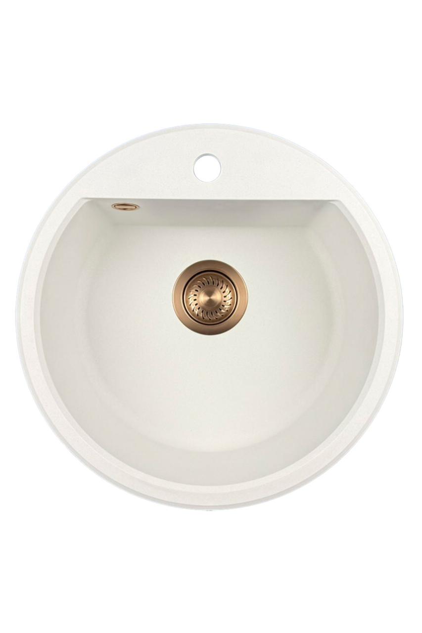 GraniteMy Bremen ronde granieten spoelbak 43 cm wit, opbouw en onderbouw, met kraangatbank en automatische koperen plug 1208971847