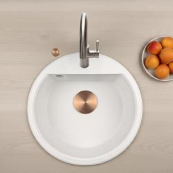 GraniteMy Bremen ronde granieten spoelbak 43 cm wit, opbouw en onderbouw, met kraangatbank en automatische koperen plug 1208971847