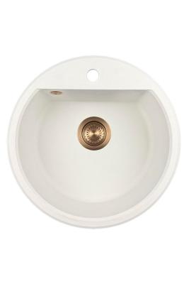 GraniteMy Bremen ronde granieten spoelbak 43 cm wit, opbouw en onderbouw, met kraangatbank en automatische koperen plug 1208971847