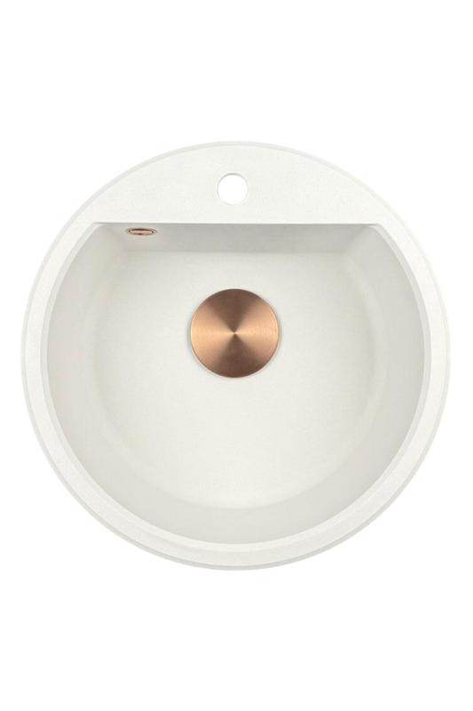 GraniteMy Bremen ronde granieten spoelbak 43 cm wit, opbouw en onderbouw, met kraangatbank en automatische koperen plug 1208971847