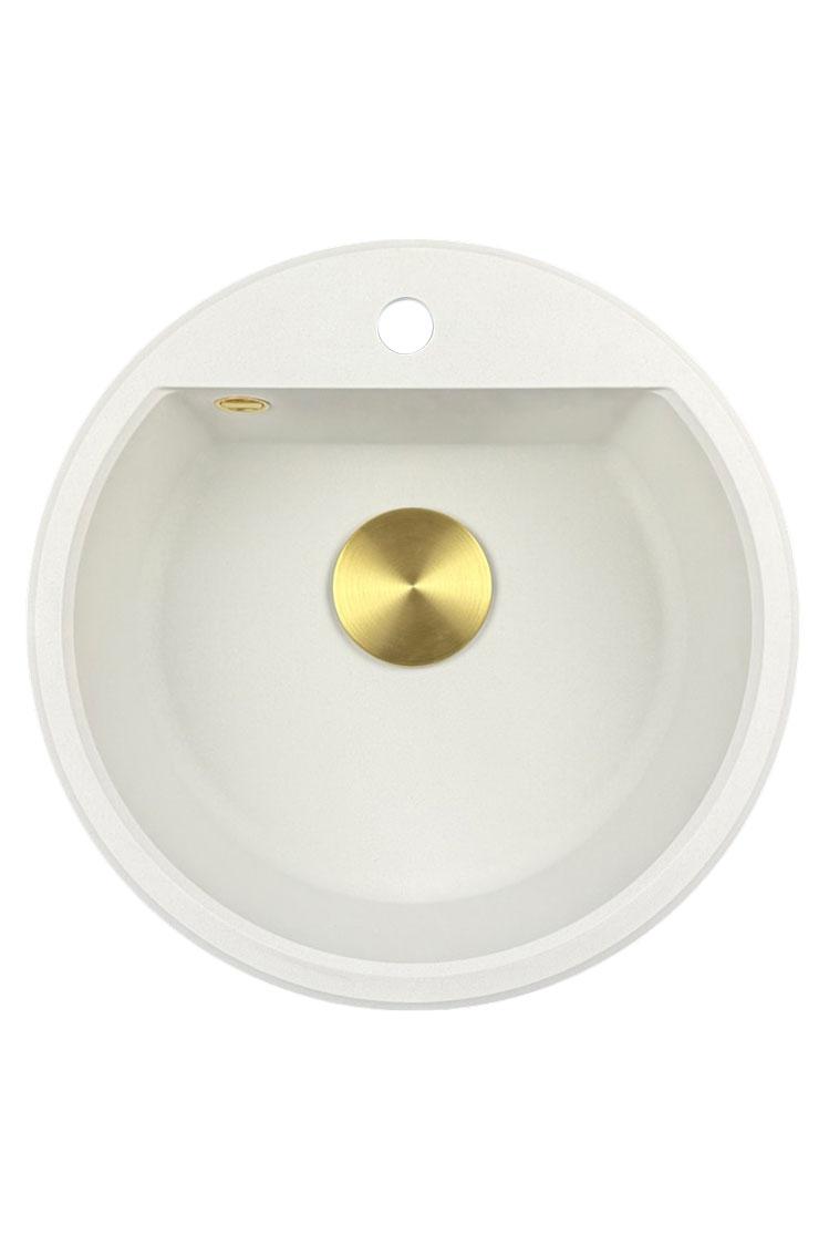 GraniteMy Bremen ronde granieten spoelbak 43 cm wit, opbouw en onderbouw, met kraangatbank en automatische gouden plug 1208971848