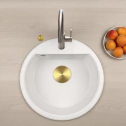 GraniteMy Bremen ronde granieten spoelbak 43 cm wit, opbouw en onderbouw, met kraangatbank en automatische gouden plug 1208971848