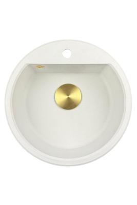 GraniteMy Bremen ronde granieten spoelbak 43 cm wit, opbouw en onderbouw, met kraangatbank en automatische gouden plug 1208971848
