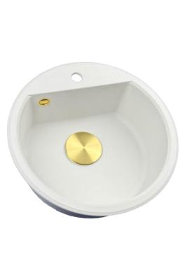 GraniteMy Bremen ronde granieten spoelbak 43 cm wit, opbouw en onderbouw, met kraangatbank en automatische gouden plug 1208971848