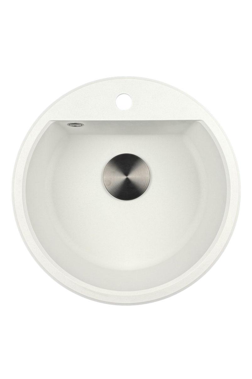 GraniteMy Bremen ronde granieten spoelbak 43 cm wit, opbouw en onderbouw, met kraangatbank en automatische gun metal plug 1208971849