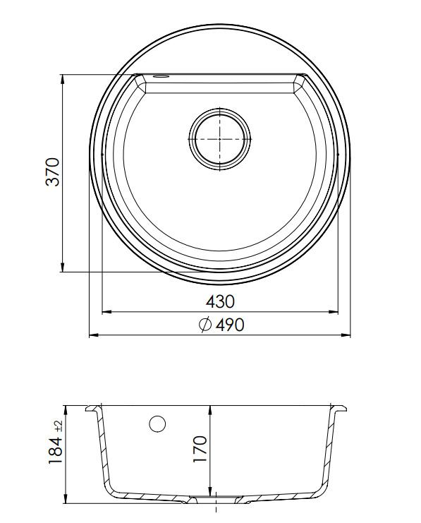 GraniteMy Bremen ronde granieten spoelbak 43 cm wit, opbouw en onderbouw, met kraangatbank en automatische gun metal plug 1208971849