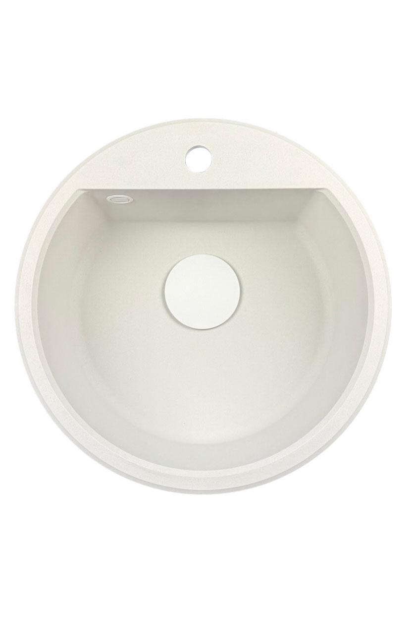 GraniteMy Bremen ronde granieten spoelbak 43 cm wit, opbouw en onderbouw, met kraangatbank en automatische wit plug 1208971850