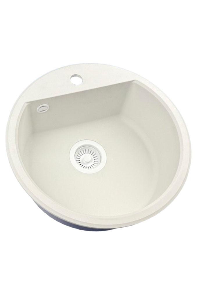 GraniteMy Bremen ronde granieten spoelbak 43 cm wit, opbouw en onderbouw, met kraangatbank en automatische wit plug 1208971850