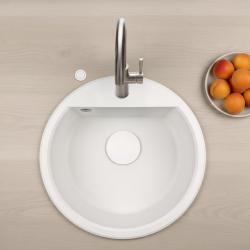 GraniteMy Bremen ronde granieten spoelbak 43 cm wit, opbouw en onderbouw, met kraangatbank en automatische wit plug 1208971850