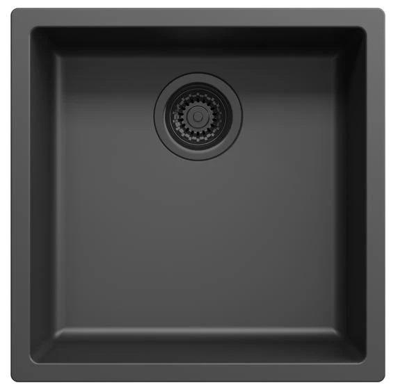 Ausmann Fibre zwarte spoelbak 40x40cm onderbouw, opbouw en vlakbouw met automatische zwarte plug 1208971851