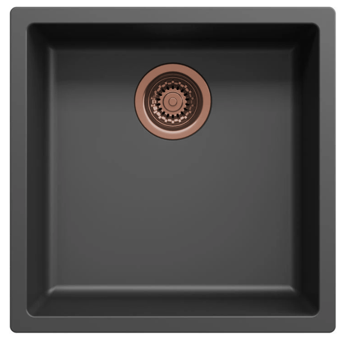 Ausmann Fibre zwarte spoelbak 40x40cm onderbouw, opbouw en vlakinbouw met automatische koperen plug 1208971852