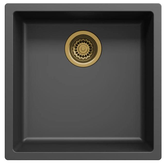 Ausmann Fibre zwarte spoelbak 40x40cm onderbouw, opbouw en vlakinbouw met automatische gouden plug 1208971853