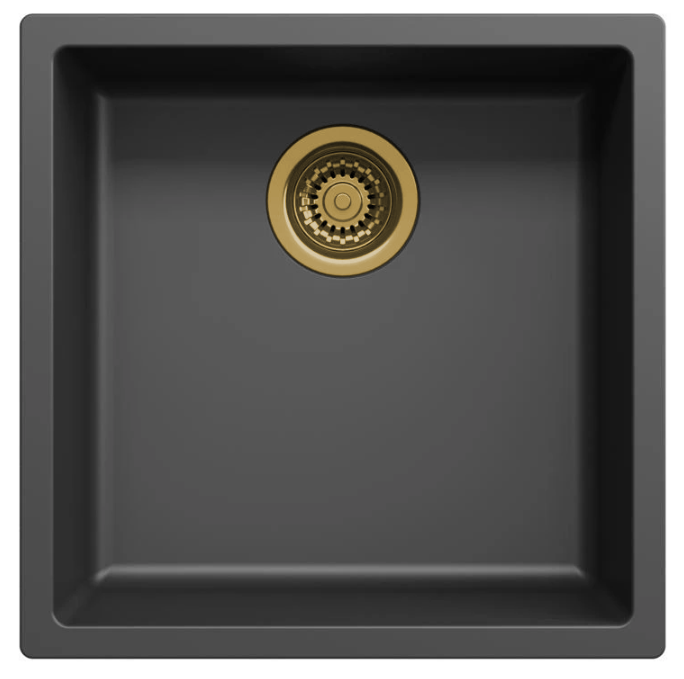Ausmann Fibre zwarte spoelbak 40x40cm onderbouw, opbouw en vlakinbouw met automatische gouden plug 1208971853