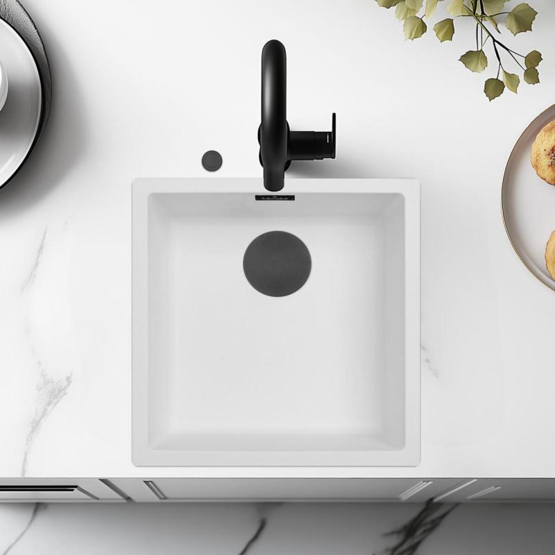 Ausmann Fibre witte spoelbak 40x40cm onderbouw, opbouw en vlakinbouw met automatische zwarte plug 1208971892