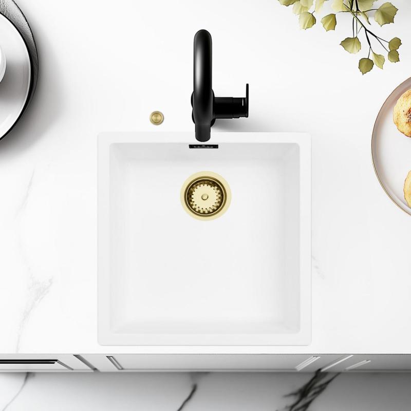 Ausmann Fibre witte spoelbak 40x40cm onderbouw, opbouw en vlakinbouw met automatische gouden plug 1208971894