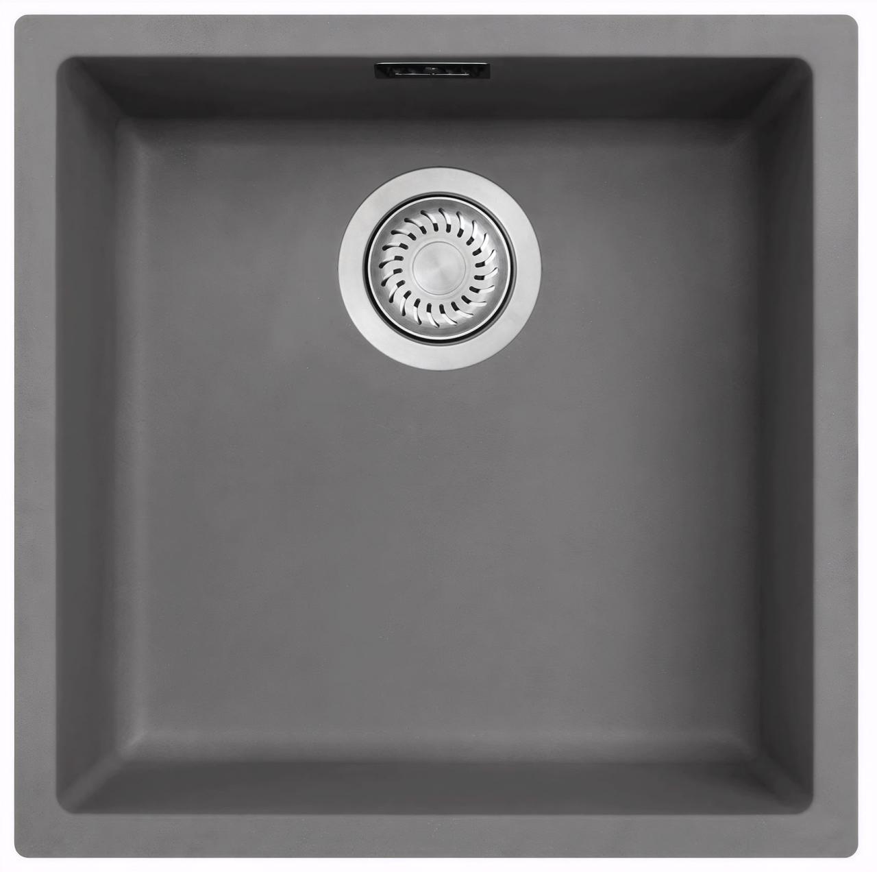 Ausmann Fibre beton grijze spoelbak 40x40cm onderbouw, opbouw en vlakinbouw met automatische RVS plug 1208971910