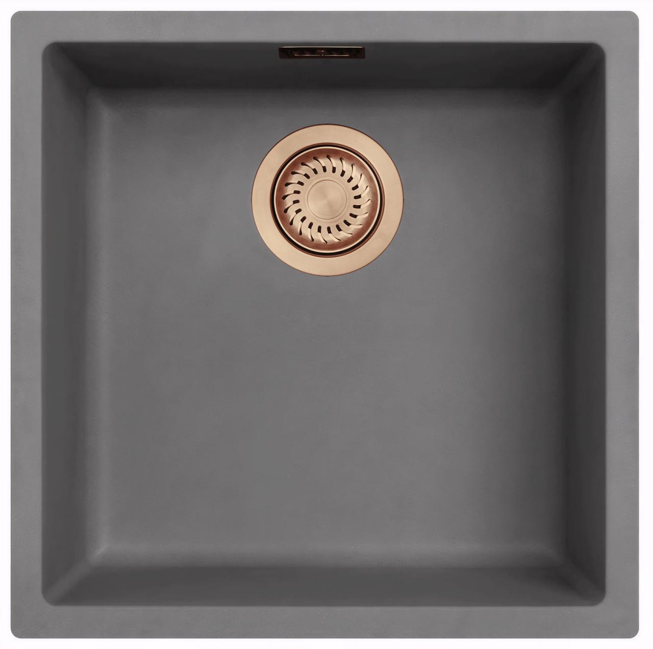 Ausmann Fibre beton grijze spoelbak 40x40cm onderbouw, opbouw en vlakinbouw met automatische koperen plug 1208971912