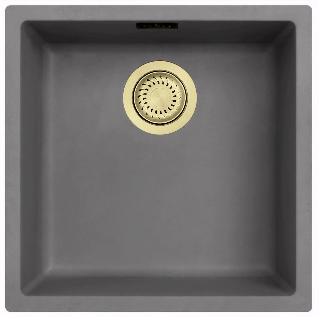 Ausmann Fibre beton grijze spoelbak 40x40cm onderbouw, opbouw en vlakinbouw met automatische gouden plug 1208971913