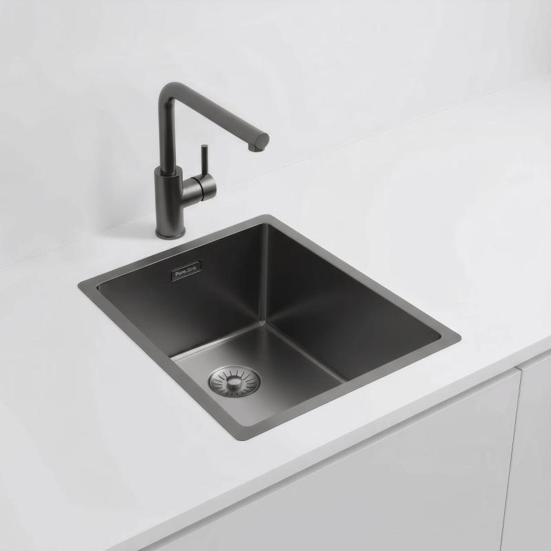 OUTLET Hoeken gebogen Pure.Sink Exclusivo Gun metal spoelbak 34x40 cm 10mm radius onderbouw, vlakbouw en opbouw 1208972446